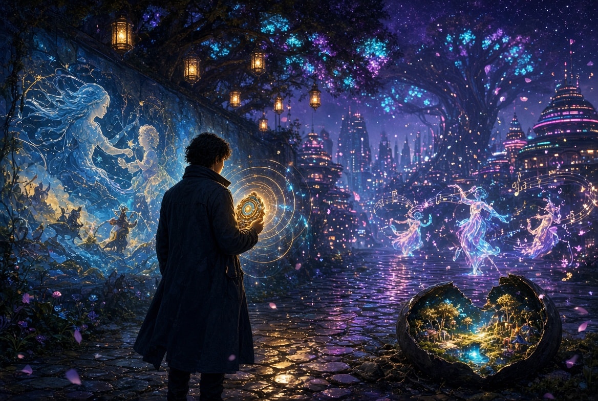 Cinematic nighttime installation with people moving between abstract illuminated glass forms